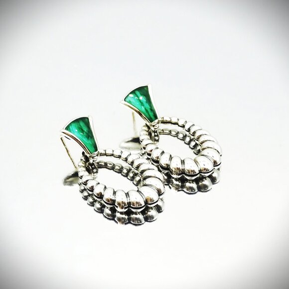 LAGOS Venus Link Oval Fluted Sterling Silver 18K Gold Post Malachite Earrings - Picture 4 of 10